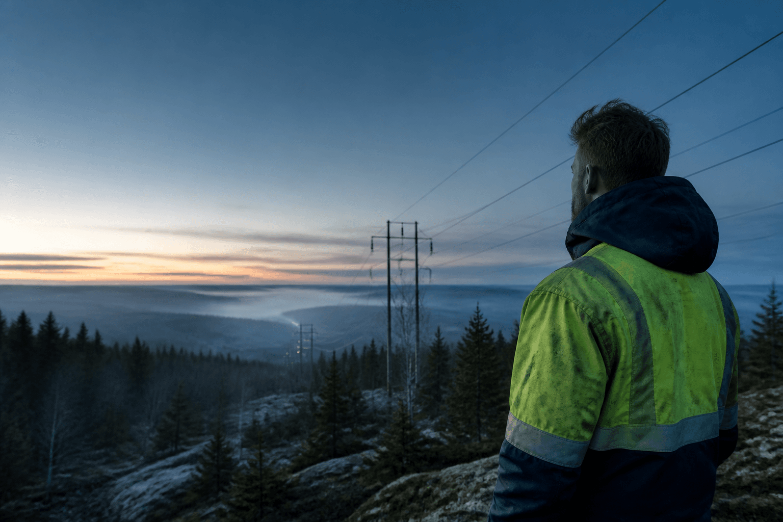 A grid engineer overlooking power lines in a Nordic landscape