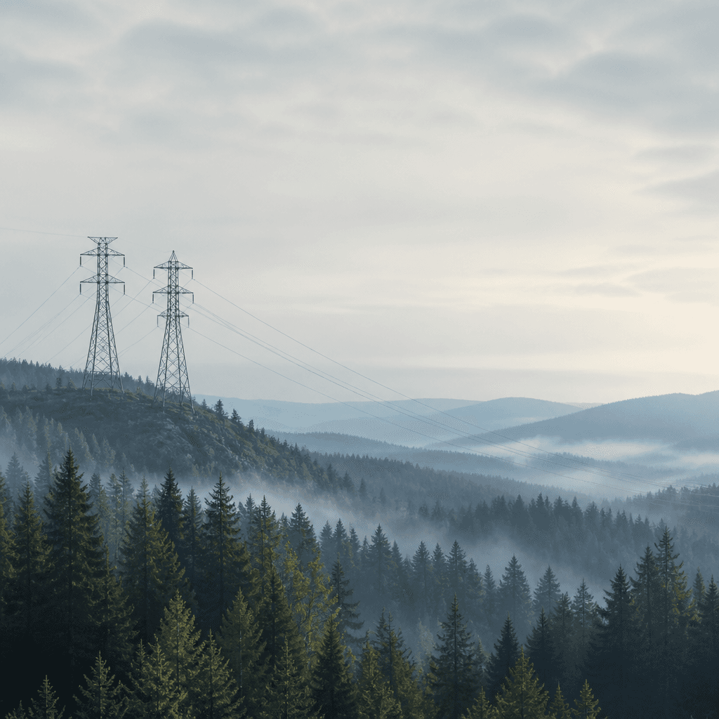 Power lines crossing a misty Nordic forest